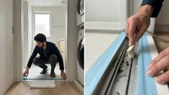 浴室ドアレール外側の黒ずみ、養生テープで水をためてスルッと落とす掃除術