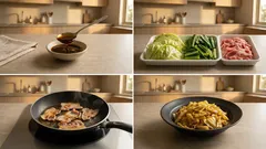 豚こま×キャベツ×小松菜をオイスターで香ばしく。フライパン1つの定番炒め